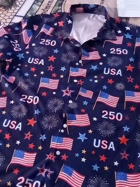 Active USA Patriotic Navy Button-Down Shirt with American Flag Print